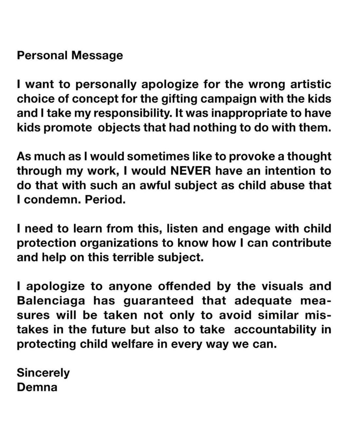 Comunicado oficial de Demna Gvasalia 16 días después de la primera campaña | Foto: Instagram