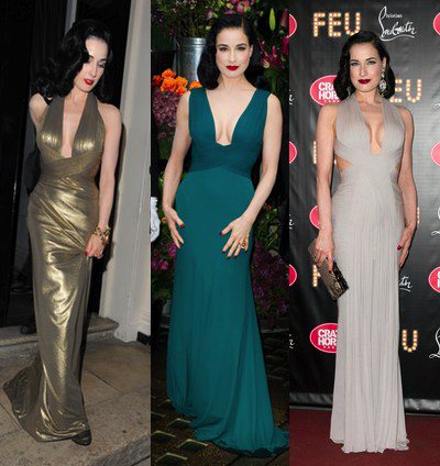 Dita Von Teese repite diseño: un vestido en tres colores