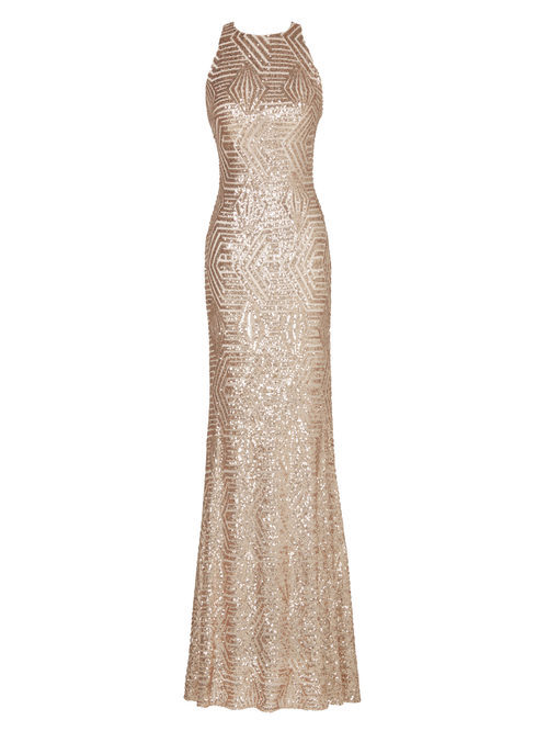 Vestido largo oro rosa con lentejuelas de la nueva colección de fiesta de Pronovias 2018