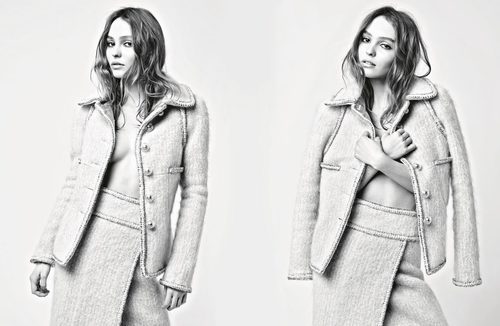 Lily-Rose Depp con chaqueta y falda de tweed de la colección otoño/invierno 2017 de Chanel