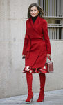 La Reina Letizia con un total look rojo llegando a la reunión con AECC en Madrid
