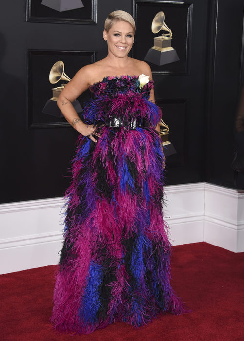 Pink con un traje de plumas multicolor