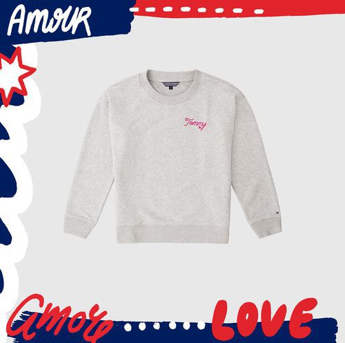 Sudadera gris con letras rosas estampadas de la colección TommyXLove para San Valentín de Tommy Hilfiger