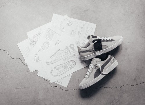 Bocetos junto a las Puma de color gris en el nuevo lanzamiento de Puma 2018