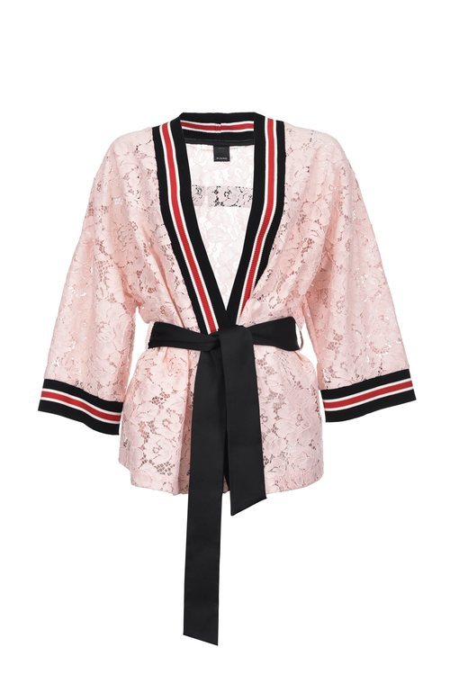 Kimono midi de encaje floral rosa de la nueva colección de Pinko de kimonos