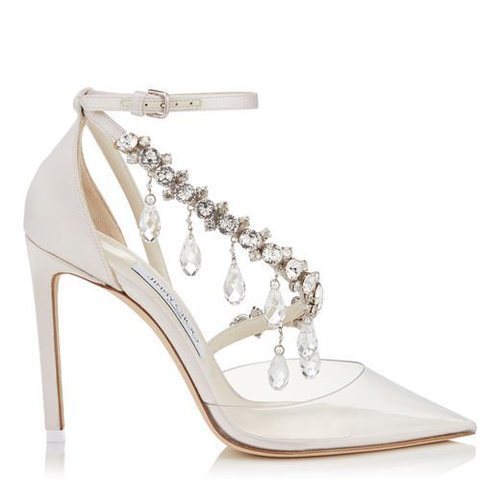 Zapatos de tacón de satén con cristales en las tiras de Jimmy Choo Bridal 2018