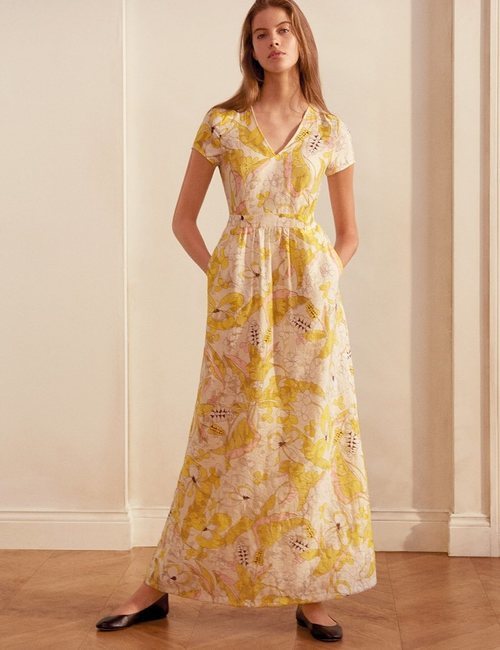 Vestido vaporoso de estampado floral amarillo y blanco de la nueva colección de MAX&Co primavera/verano 2018
