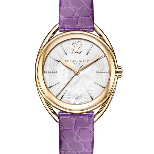 Reloj de piel de cocodrilo teñida de morado de la colección Liens Lumière de Chaumet