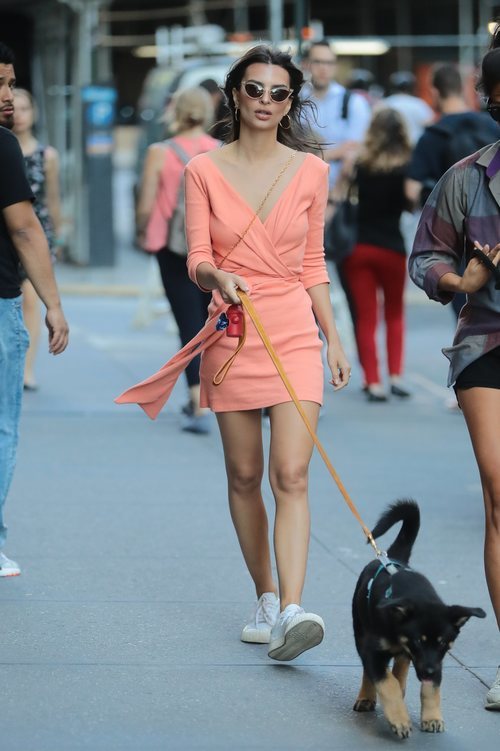 Emily Ratajkowski con minivestido coral paseando a su perro en Nueva York