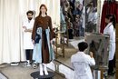 Sobrefalda abierta sobre vestido marrón en el desfile otoño/invierno 2020-2021 de Moisés Nieto