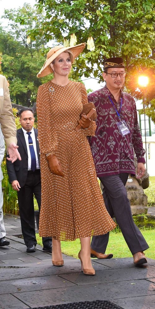 Máxima de Holanda luce un vestido a puntos marrón y blanco
