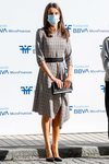 La Reina Letizia con un vestido de cuadros en un acto del Banco BBVA