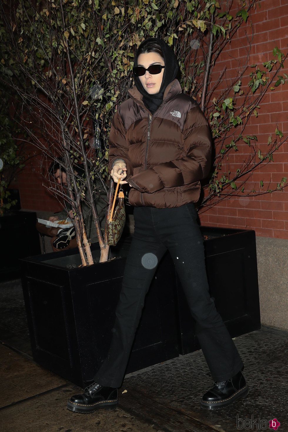 Kendall Jenner con un abrigo plumas marrón de The North Face