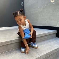 Stormi Webster con un bolso de Prada en azul celeste