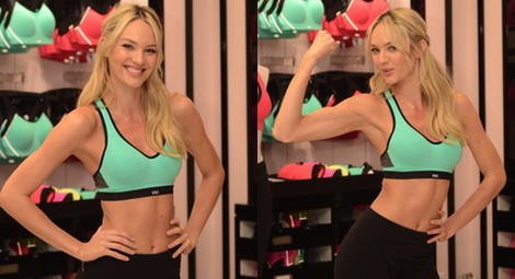 Candice Swanepoel posando en la presentación de la línea sport de Victoria's Secret