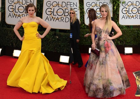 Lena Dunham con un vestido de Zac Posen en la alfombra roja de los Globos de Oro 2014