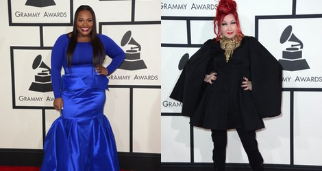 Tasha Cobbs con un vestido de Nicci Hou en la alfombra roja de los Premios Grammy 2014