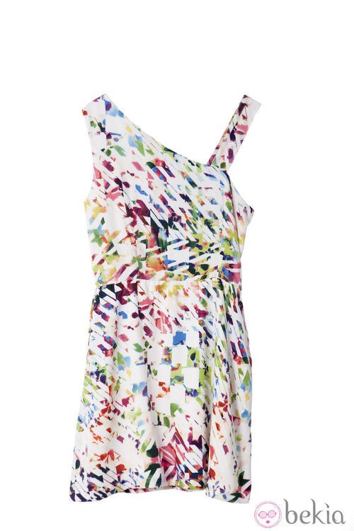 Vestido asimétrico de tirantes con estampado pata de gallo multicolor de Lavand 