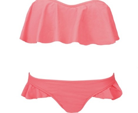 Bikini monocolor salmón con volantes de la colección de baño de Bershka 2014