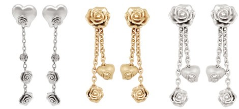 Pendientes de oro largos con corazones y rosas de Miriam de Ungría