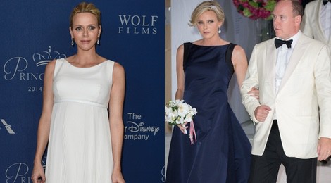 La Princesa Charlene de Mónaco con un vestido largo en azul noche durante su embarazo