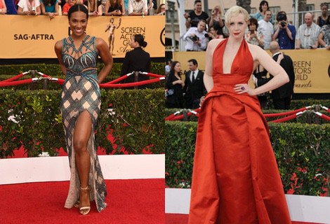 Vicky Jeudy con un vestido de pedrería en la alfombra roja de los Premios SAG 2015