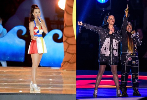 Katy Perry con una falda y un top de color blanco, amarillo, azul y rojo en la Super Bowl 2015