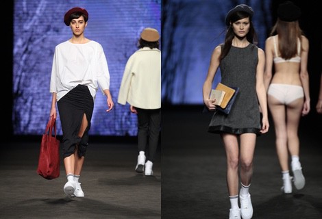 Falda con apertura y camiseta blanca de TCN en el desfile de la 080 Barcelona Fashion 2015