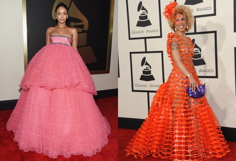 Rihanna con un vestido de Giambattista Valli en la alfombra roja de los Grammy 2015