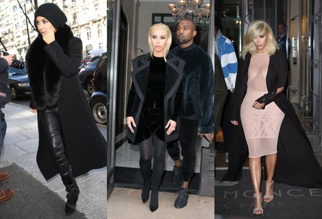 Kim Kardashian con un vestido de maya en nude en la Paris Fashion Week
