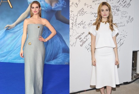 Lily James con un vestido plateado en la presentación de 'Cenicienta' en Reino Unido