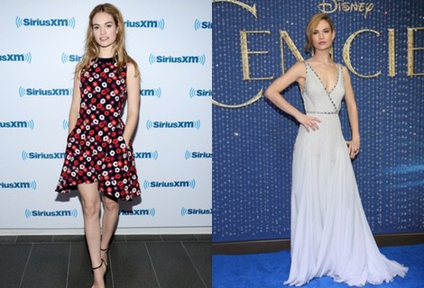 Lily James con un vestido azul en la presentación de 'Cenicienta' en Méjico