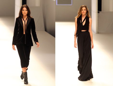 Rocío Crusset con americana y pantalón de terciopelo negro en el desfile de Mango 