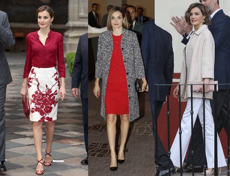 La Reina Letizia con un conjunto blanco y marsala de Felipe Varela en su Viaje de Estado a México