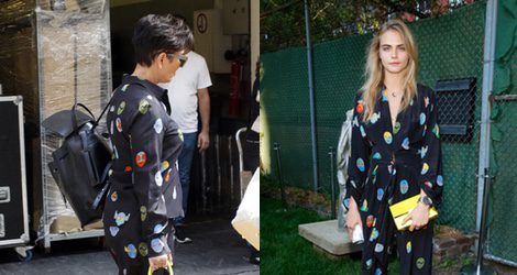 Cara Delevingne con un jumpsuit de estampado de huevos de Pascua de Stella McCartney