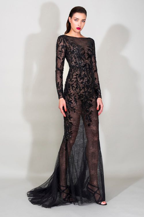 Vestido negro largo con transparencias de la Colección Resort 2016 de Zuhair Murad