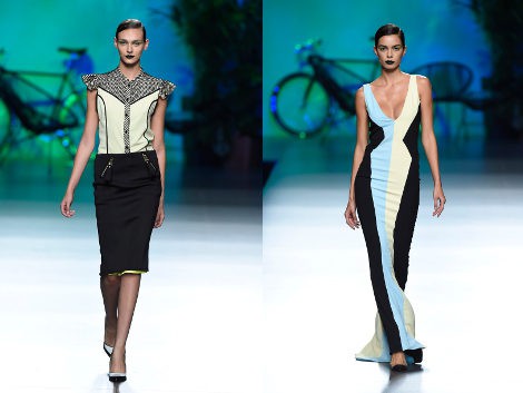 Vestido largo azul, blanco y negro de Maya Hansen primavera/verano 2016 en Madrid Fashion Week