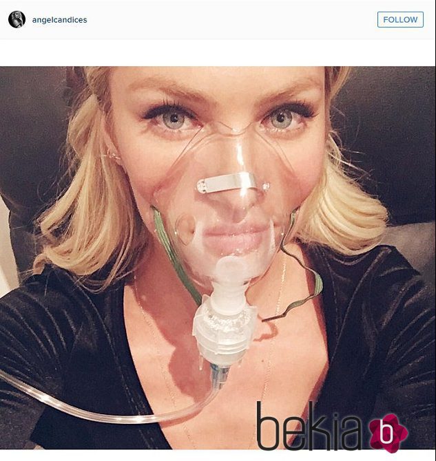 Candice Swanepoel con máscara de oxígeno mala antes del desfile de Victoria's Secret 2015