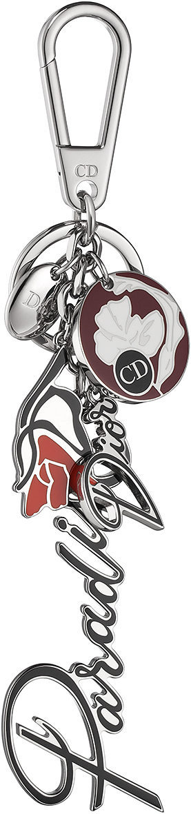 Llavero con logo y detalle floral en plata y tonos rojizos de la línea 'Dior Paradise'