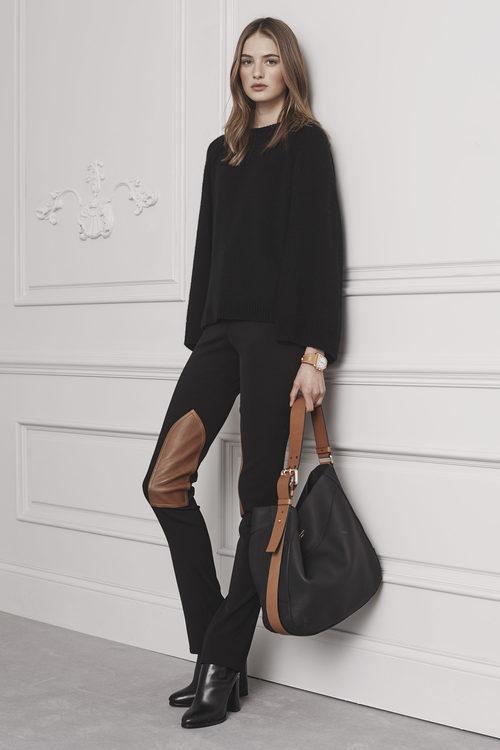 Jersey negro y pantalones con detalle en cuero marrón de Ralph Lauren para la colección Pre-Fall 2016