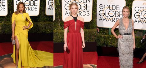 Natalie Dormer con vestido largo rojo de seda con pliegues y detalle negro strass