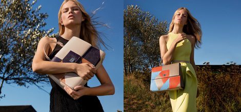 Anna Ewers bolso de inspiración Bauhaus en diferentes colores y vestido recto amarillo de Hugo Boss 