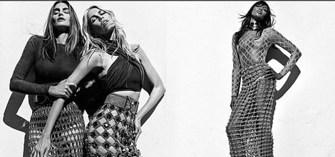 Faldas de rejilla y tops cortos negros ajustados de Balmain para la primavera/verano 2016