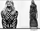 Claudia Schiffer con vestido largo ajustado de rejilla de Balmain para la primavera/verano 2016