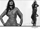 Naomi Campbell y Claudia Schiffer vestidos largos ajustados de rejilla negro y dorado de Balmain para primavera/verano 2016