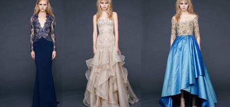Vestido largo ajustado azul oscuro con cuerpo de encaje Chantilly de Reem-Acra