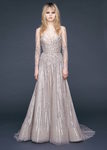 Vestido largo brilli brilli en champagne con falda de vuelo de Reem-Acra