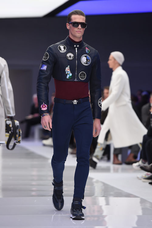 Chaqueta de cuero corta negra con parches para Versace
