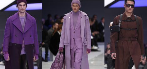 Maxi abrigo negro y morado con jersey de punto y pantalones de cuero  para Versace