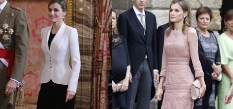 La Reina Letizia con vestido midi rosa palo de Felipe Varela